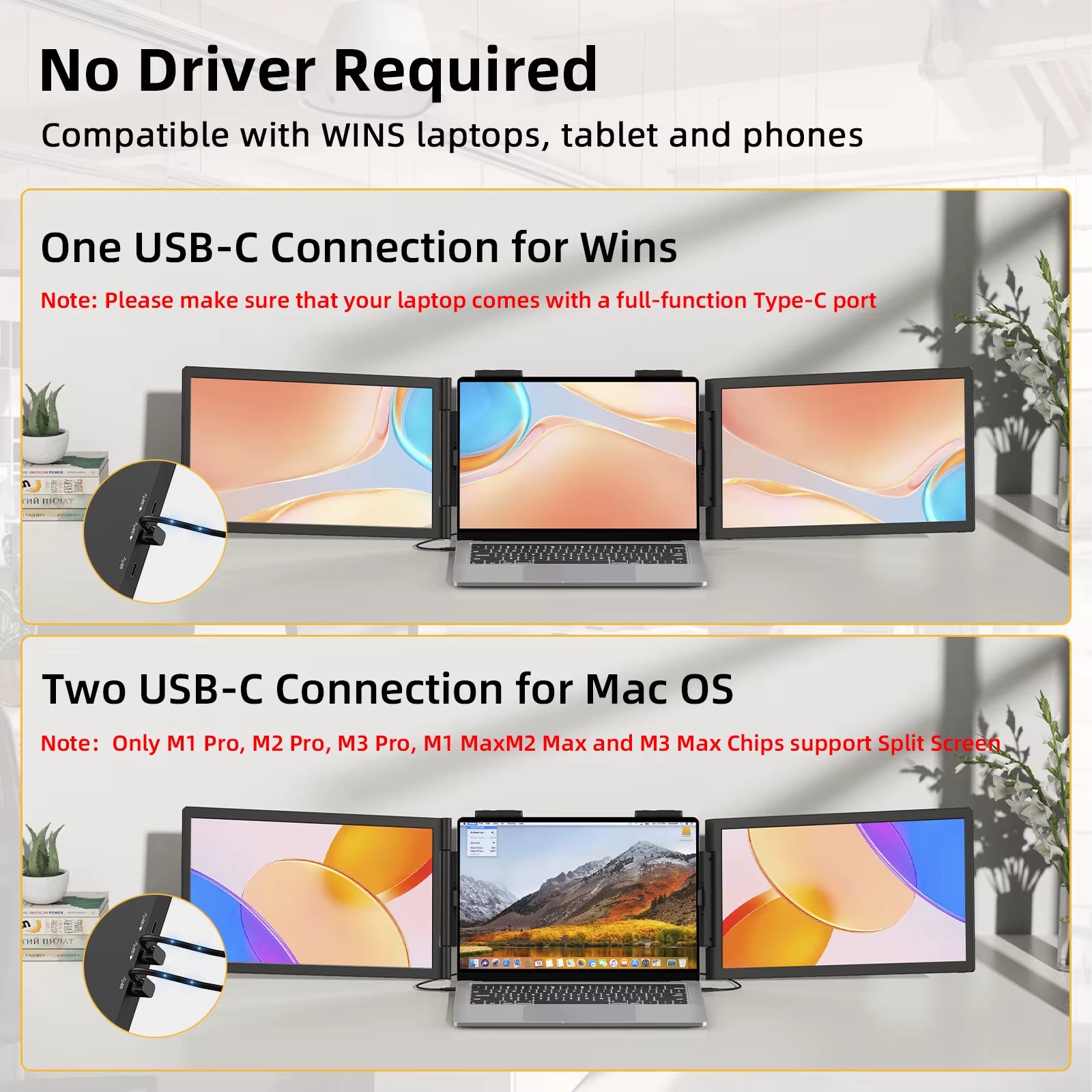 14 Inch Dual Portable Monitor 1920*1080P IPS Portable Triple Monitor with USB-C Port for 14-16.5" Laptops Windows/Mac Xbox