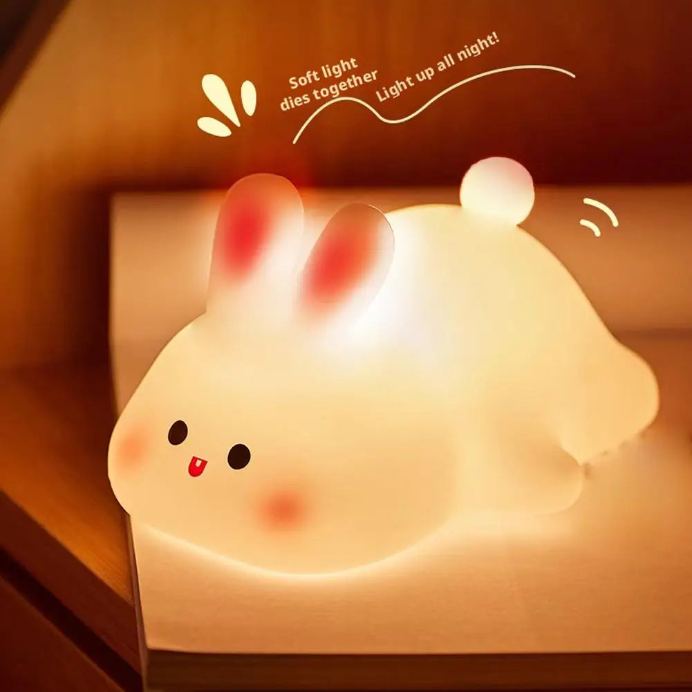 Cute Big Face Rabbit LED Night Light - Soft Silicone 3 Brightness Levels Tap Control LED Lamp - Rechargeable Bedroom Decor Light