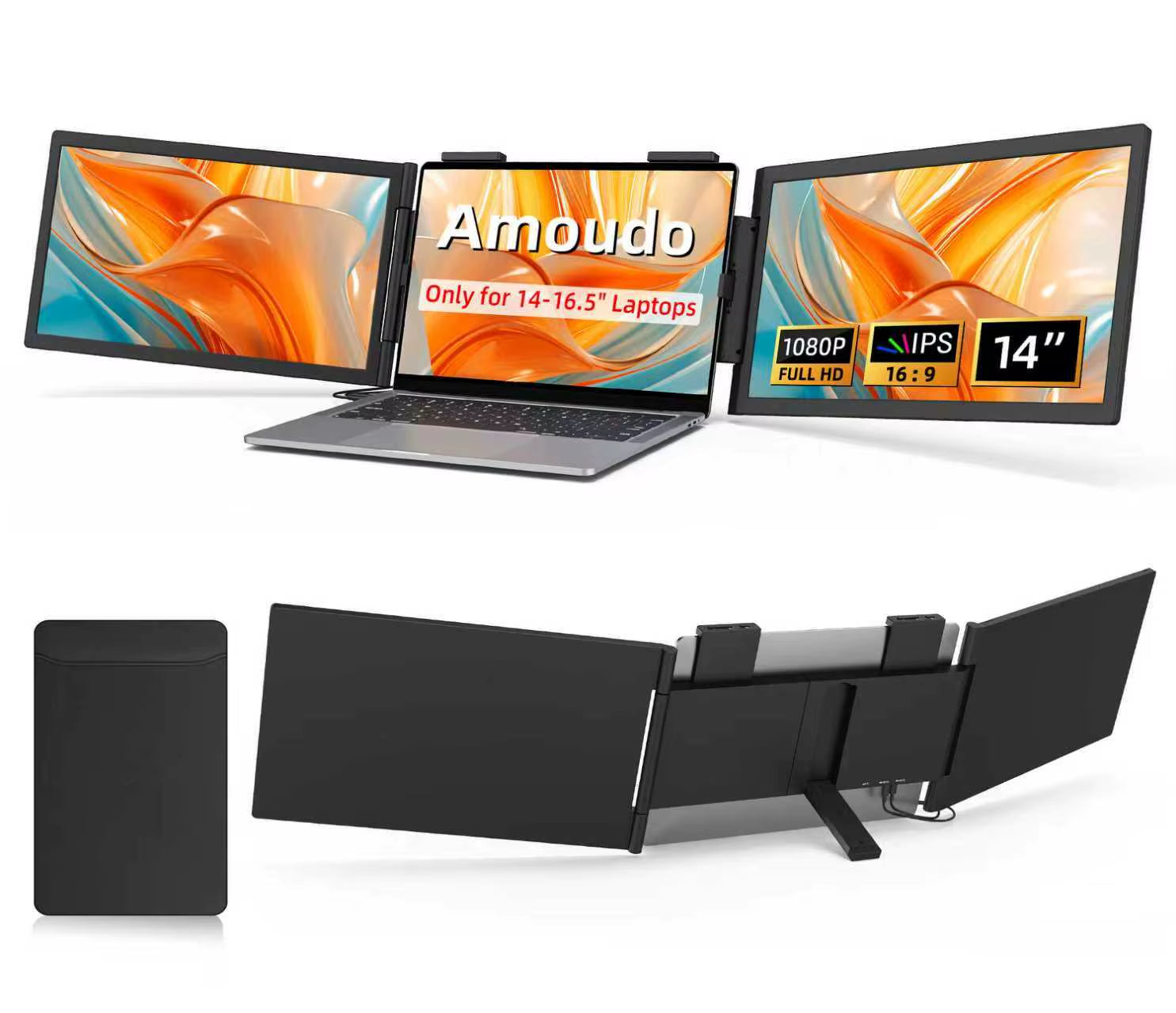 14 Inch Dual Portable Monitor 1920*1080P IPS Portable Triple Monitor with USB-C Port for 14-16.5" Laptops Windows/Mac Xbox