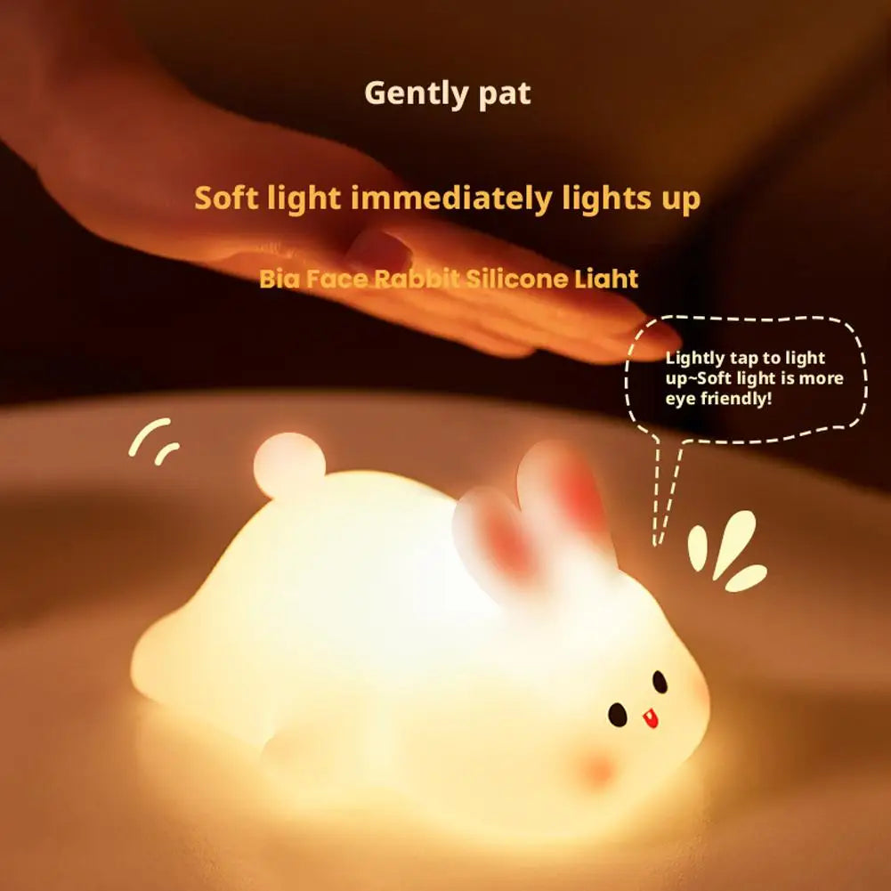 Cute Big Face Rabbit LED Night Light - Soft Silicone 3 Brightness Levels Tap Control LED Lamp - Rechargeable Bedroom Decor Light
