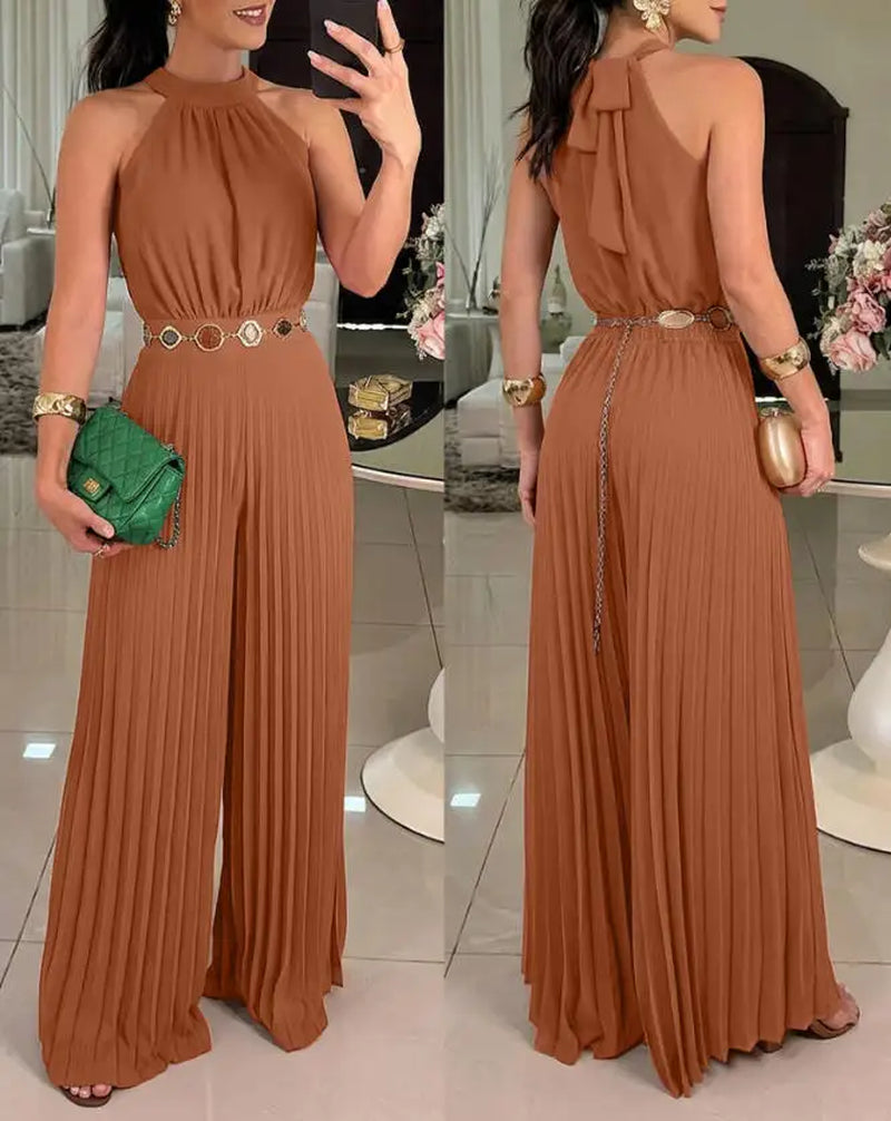 Women’s Elegant Halter & Lace-Up Wide Leg Jumpsuit | Sleeveless High Waist Pleated One-Piece | Spring 2026 Collection