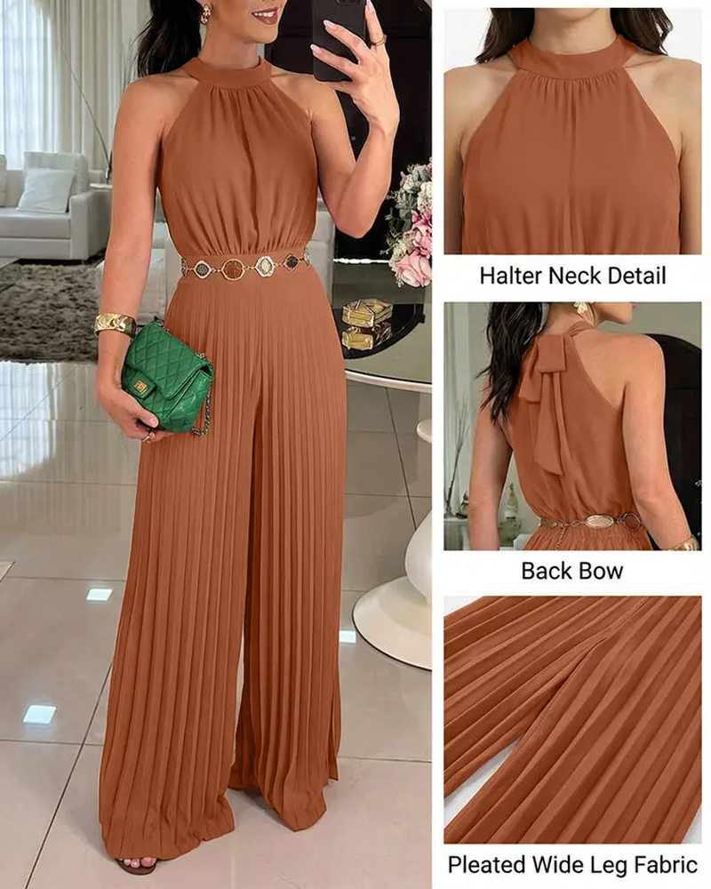 Women’s Elegant Halter & Lace-Up Wide Leg Jumpsuit | Sleeveless High Waist Pleated One-Piece | Spring 2026 Collection