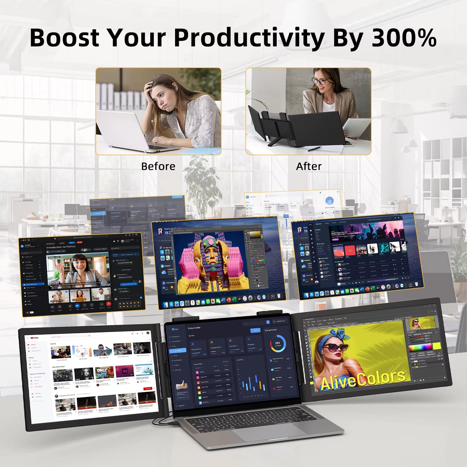 14 Inch Dual Portable Monitor 1920*1080P IPS Portable Triple Monitor with USB-C Port for 14-16.5" Laptops Windows/Mac Xbox