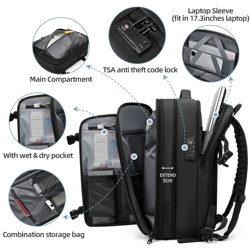 Men Travel Backpack Vacuum Compression Laptop Backpack 17 Inch Extended Large Capacity School Backpack Hiking Business Backpack