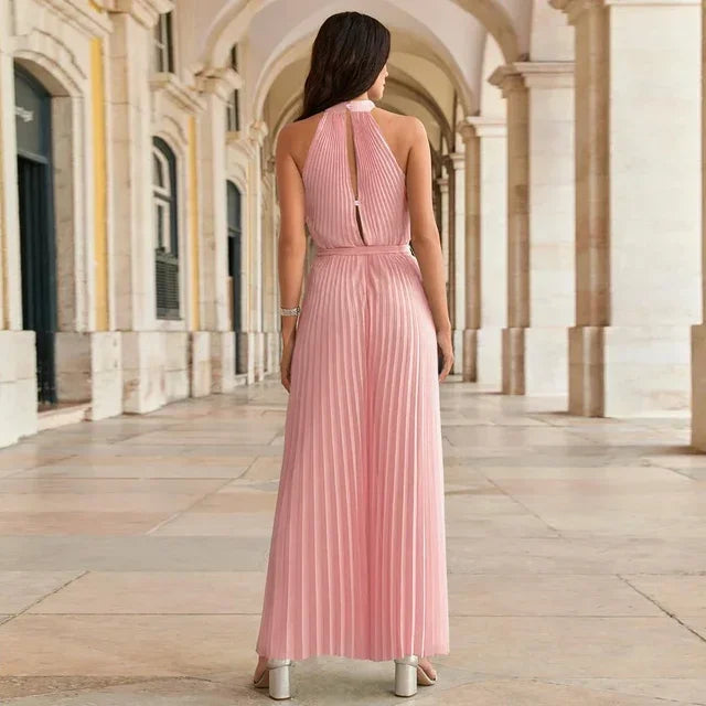 Women’s Elegant Backless Halterneck Wide-Leg Jumpsuit | Sleeveless Pleated Solid Color Long One-Piece with Belt | Summer 2026 Collection