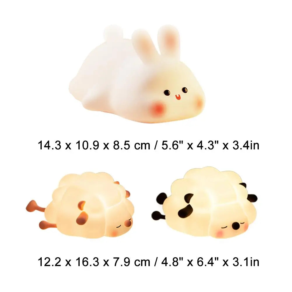 Cute Big Face Rabbit LED Night Light - Soft Silicone 3 Brightness Levels Tap Control LED Lamp - Rechargeable Bedroom Decor Light